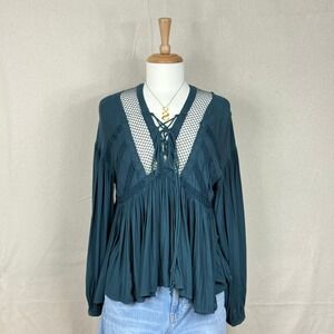 Free People Dark Teal Lace Up Crochet Boho Babydoll Blouse Top XS OB443834